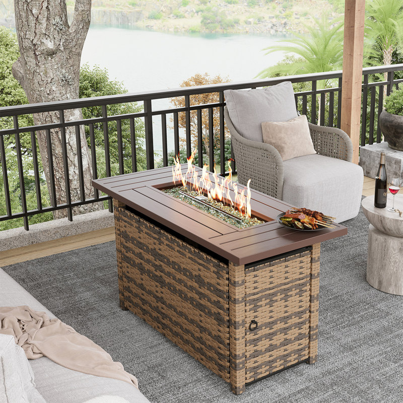 44" Propane Fire Pit Table, 2-in-1 Outdoor Gas Fire Pit with Lid, 50,000 BTU, CSA Certified, Rattan & Woodgrain Design, Jute