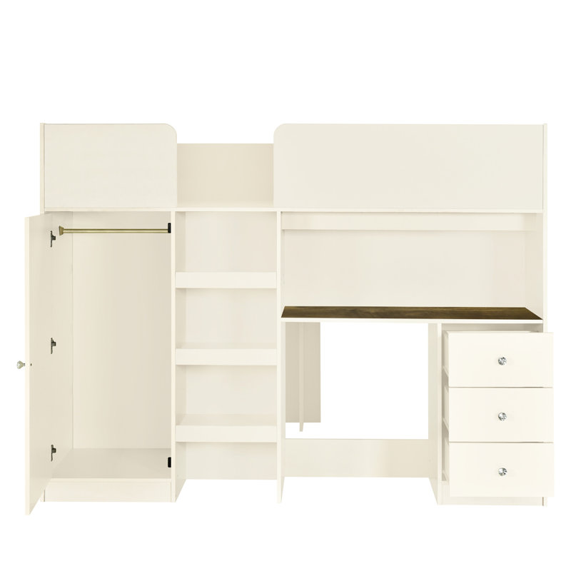 Lit mezzanine en bois beige avec bureau, garde-robe et rangement