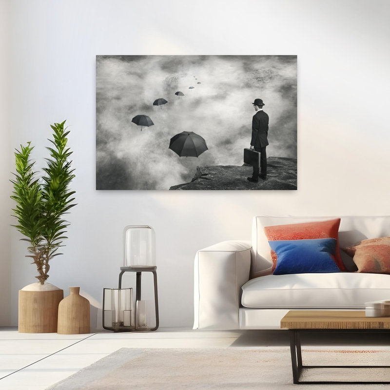 Homme et parapluies flottants, H 32 po x l 48 po