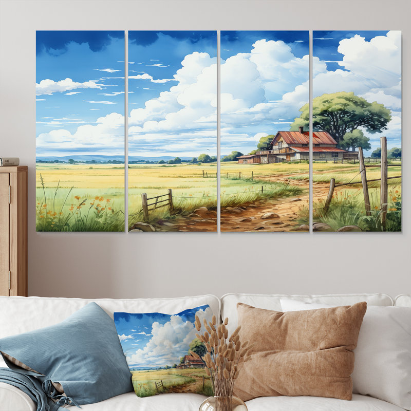Herbe verte à côté de la maison de campagne - ensemble d'art mural paysage 4 pièces, H 32 po x l 64 po