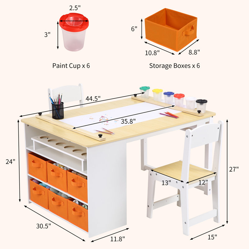 Table d'art pour enfants et 2 chaises avec bacs de rangement, table d'activités pour tout-petits