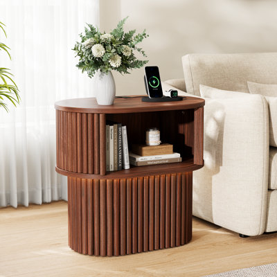 Leathia Fluted End Table with LED Light and Charging Station, Mid-Century Oval Side Table with Storage
