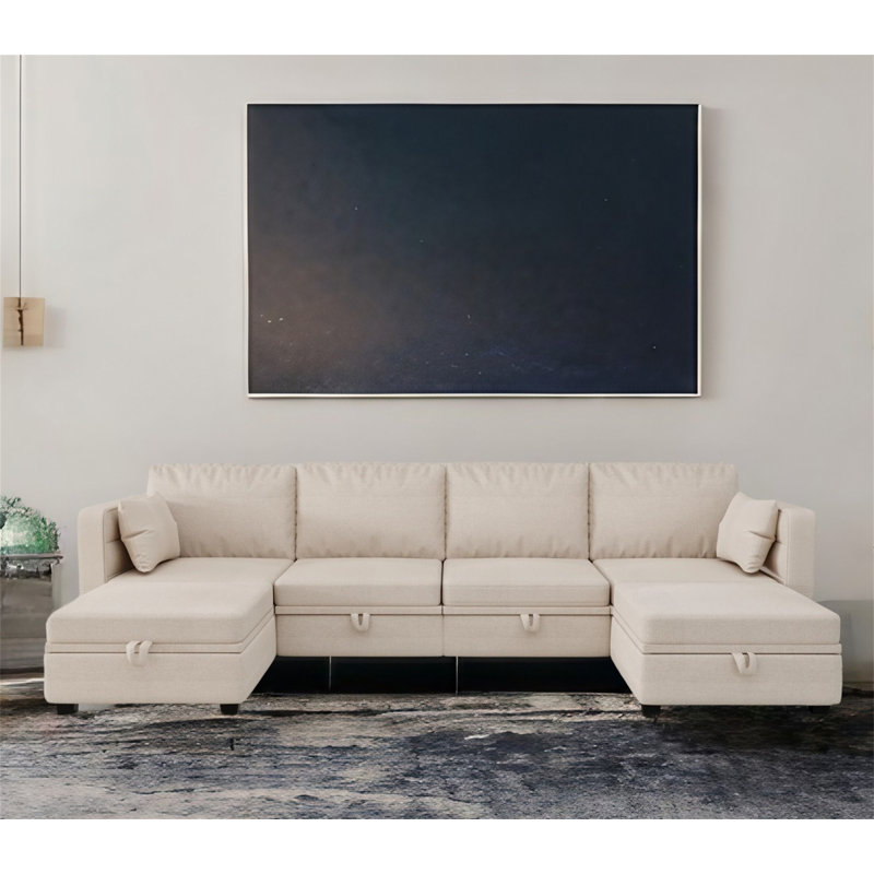 Upholstered U-Shaped Sectional Symmetrical, Beige Linen Blend