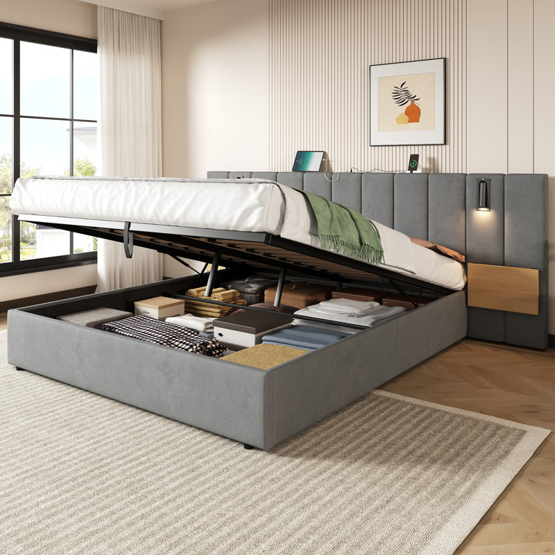 Upholstered Ottoman Bed With Storage, Frame With Charging Station, Reading Light And Tufted Headboard