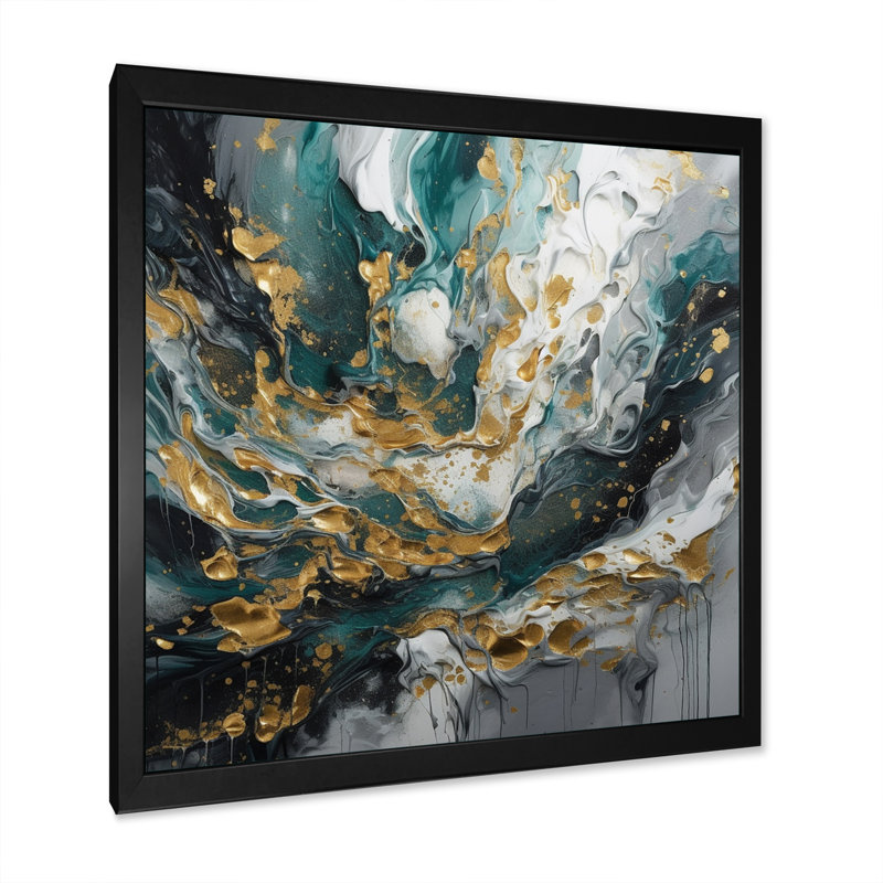 Gold Teal Ink On Stone - Abstract Wall Decor, Black Picture Framed, 36" H x 36" W