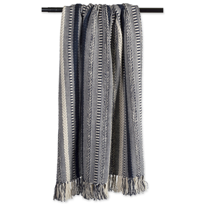 Navy and White Cotton Braided Striped Throw Blanket