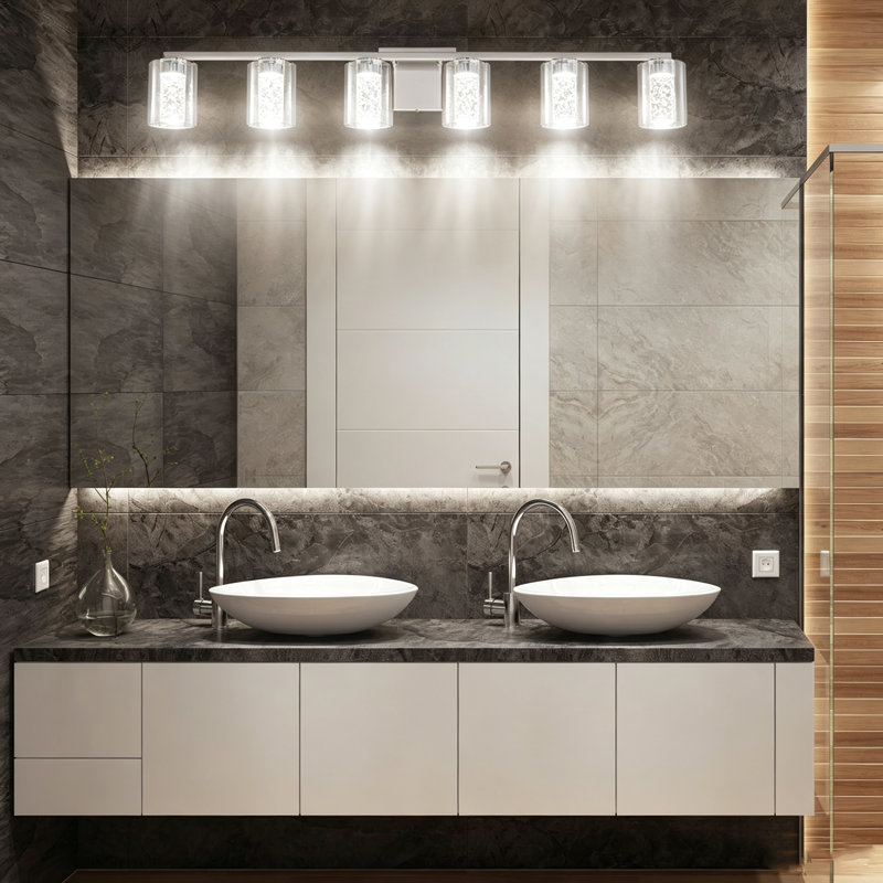 Applique murale en cristal avec luminaire de salle de bain à 6 lumières, applique décorative moderne en verre cristal bullé avec éclairage DEL à intensité variable 3 couleurs pour salle de bain, couloir, salon et dressing.