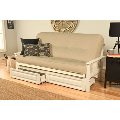 La base de futon pleine grandeur Stratford comprend des tiroirs de rangement et un matelas