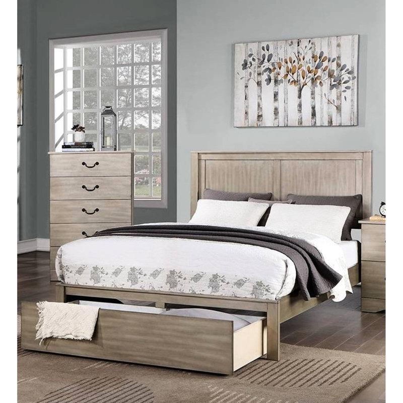 Très grand lit rustique, conception à deux panneaux, tiroir rectangulaire, lit à finition argent antique avec tête de lit, bois en forme