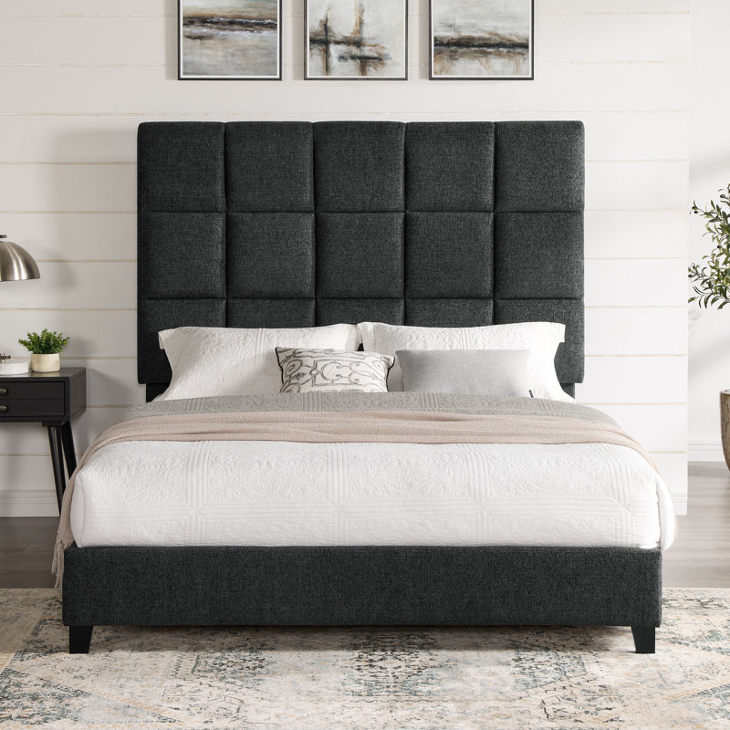 Ashiqu Squares Upholstered Platform Bed, Gray, Queen