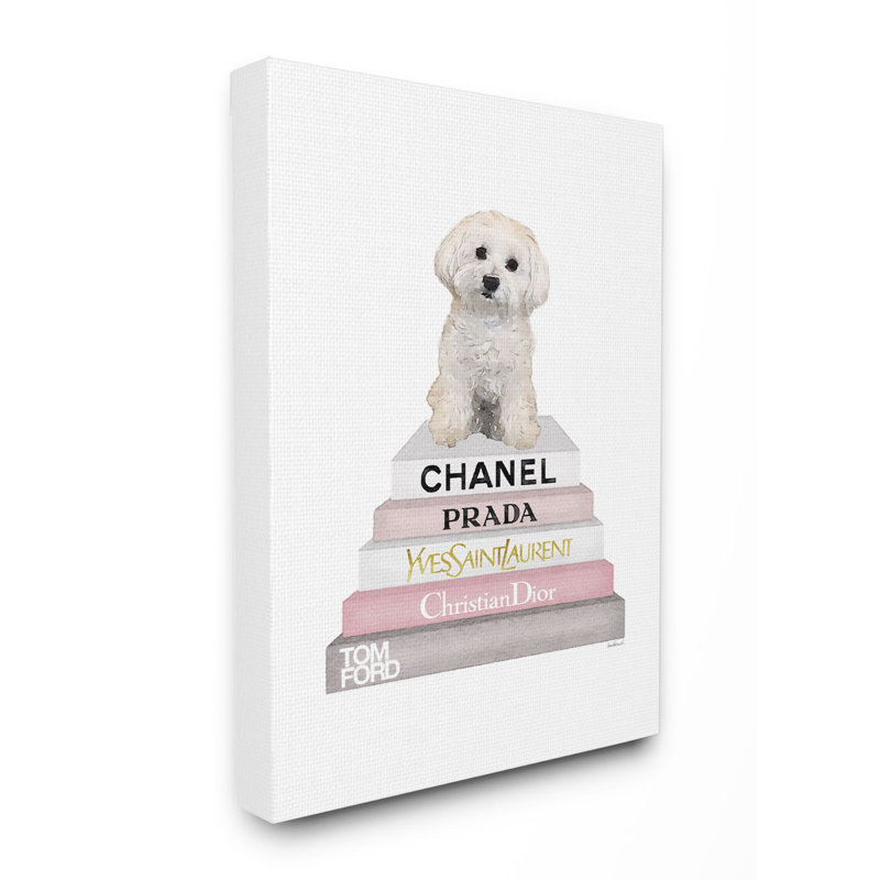 « mode designer pet dog bookstack blanc rose », impression, H 30 po x l 24 po x P 1,5 po, Giclée encadrée noir minuit