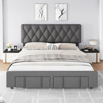 Bed Frame With 2 Storage Drawers, Upholstered Platform Bed Frame