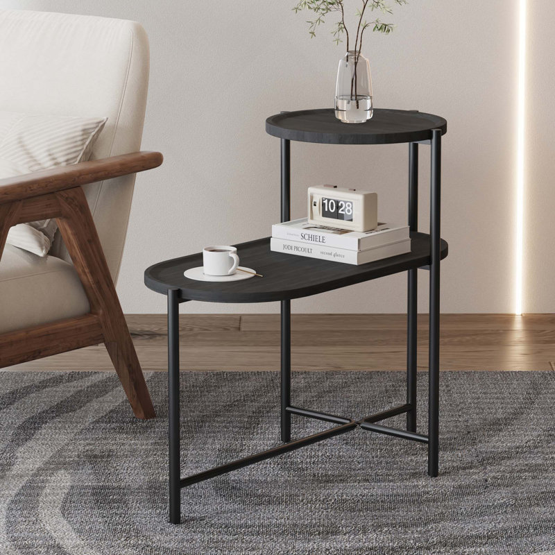 Tables basses d'appoint modernes à 2 niveaux avec tablette de rangement en bois, Noir