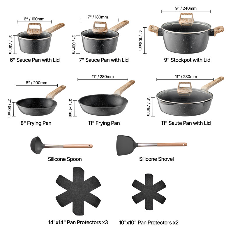 17 Piece Pots and Pans Set Granite Nonstick Kitchen Cookware Induction, Black