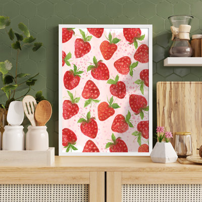 Z Studio Minimalist Strawberry Pattern Cute Wall Art Framed Fruit Cute Poster Art Printing For Girl Bedroom, Kitchen Wall Decor For Home 12 x 16 Inch WHITE FRAMED