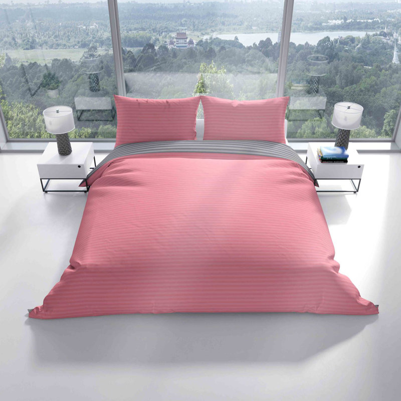 Lonetta Bed Linen Set with Pillowcase, 135 x 200cm + 1 Pillowcase (80 x 80cm), Pink/Grey