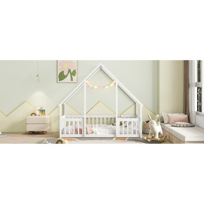 Lit simple blanc en forme de maison avec clôture et garde-corps - Pin de qualité pour une longévité de sommeil