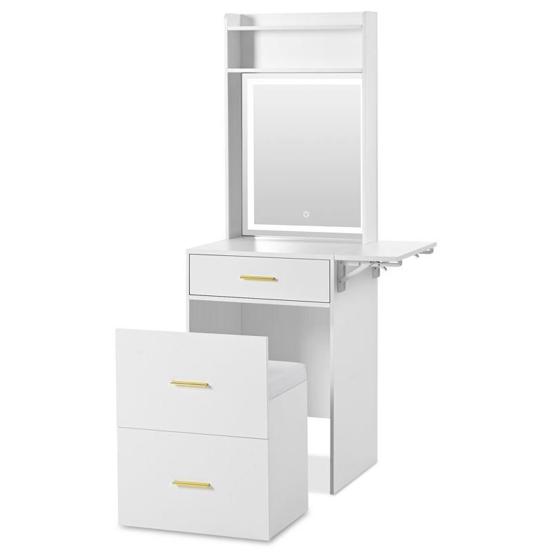Petit meuble-lavabo avec miroir et lumière, coiffeuse avec station de charge et panneau rabattable pour les petits espaces