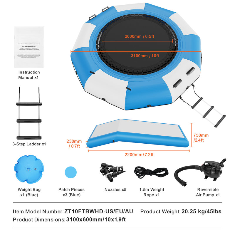 Videur gonflable VEVOR, trampoline aquatique récréatif de 10 pieds, plateforme de bain portative, Bleu / blanc