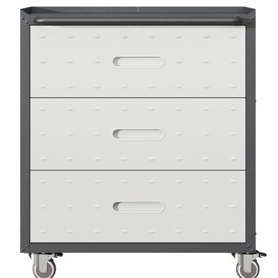 3 Drawer Heavy-Duty Metal Storage Cabinet With Wheels - For Garage, Office, Home Organization. Black/Gray. 29.83"W X 16.7"D 35.52"H. Steel. 360 Lockable . Generous Storage. Formaldehyde- Coating.