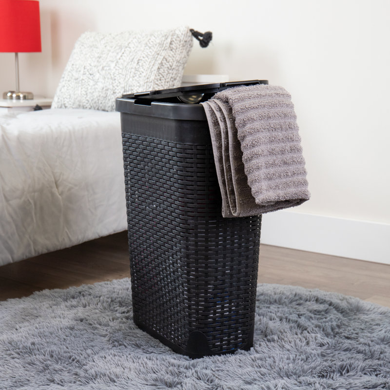  Panier à linge mince 40 L, panier à linge, couvercle, design en osier, plastique, ensemble de 3, Noir