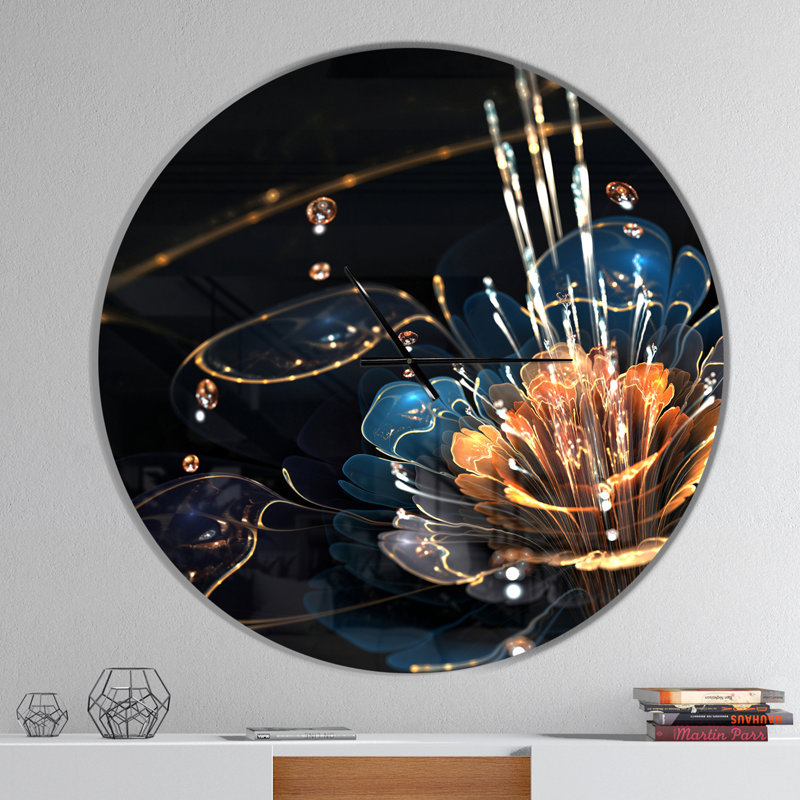 Horloge murale orange avec fleurs oranges et gouttes d'eau, Grand