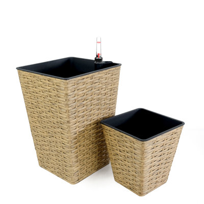2-Pack Smart Self-Watering Square Planter For Indoor And Outdoor - Hand Woven Wicker - Brown
