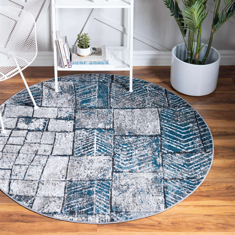 Tapis bleu/gris, Rond 5 pi 3 po