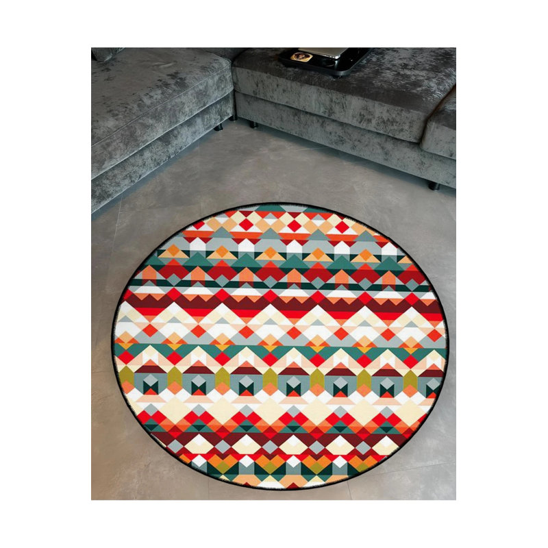 Green And Red Shapes Detailed Woven Base Modern Decorative Carpet, Round 2'8"