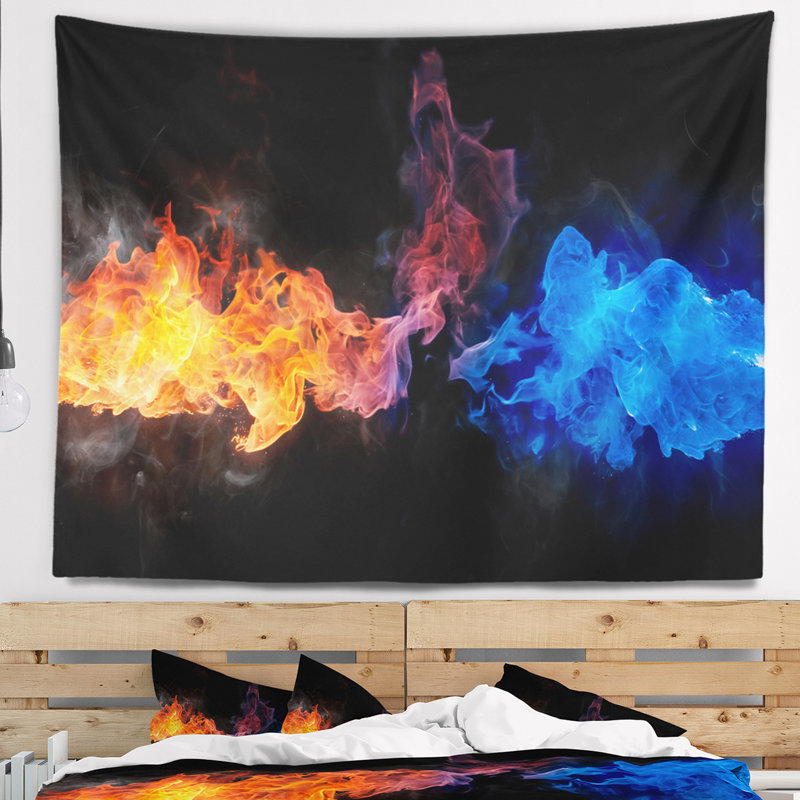 Tapisserie de feu bleu et rouge, H 32 po x l 39 po
