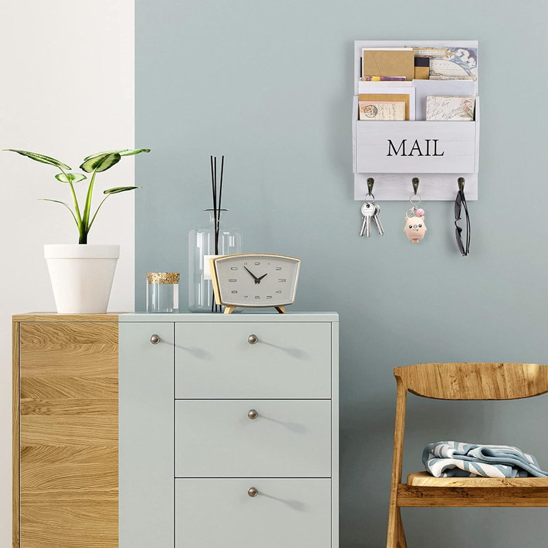 Organisateur de courrier avec support à clé pour trieur de courrier mural, support de courrier en bois avec 3 crochets, blanc