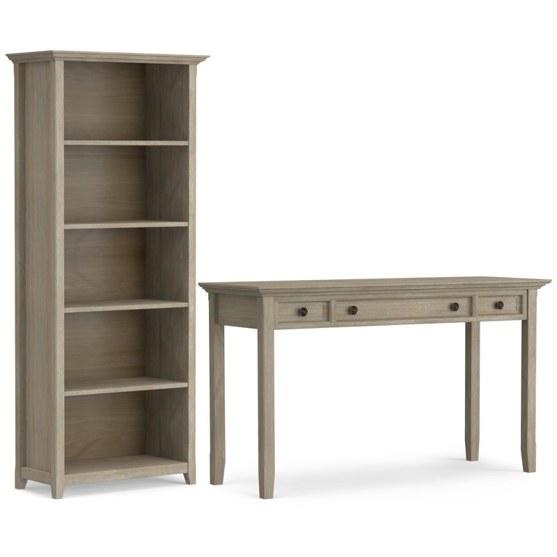 Carlane Solid Wood Transitional 54 Inch Wide Desk With 30 Inch Wide Bookcase In Distressed Grey (set Of 2), Distressed Gray