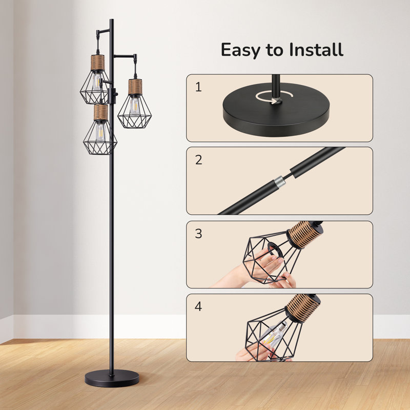 Crevan 65" Dimmable Rattan Tree Floor Lamp With 3 Bulbs Included, Matte Black