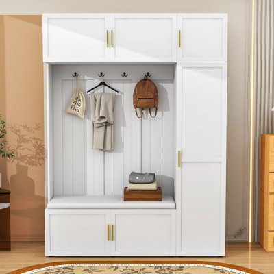 Wooden Hall Tree with Hooks, Storage Bench and Shelves