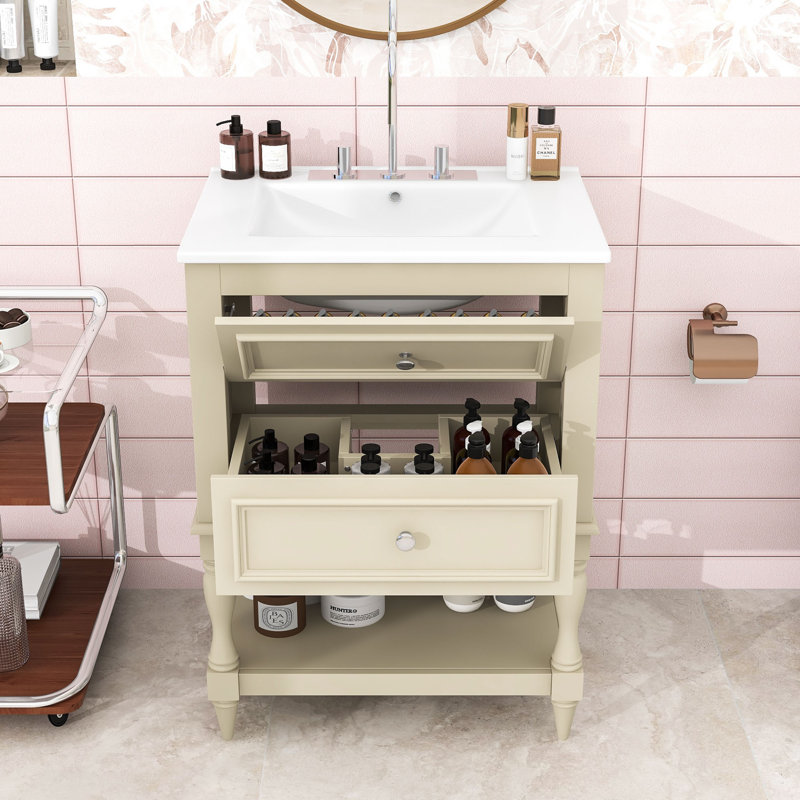 Meuble-lavabo rétro avec lavabo en céramique, 2 tiroirs et tablette ouverte, Beige