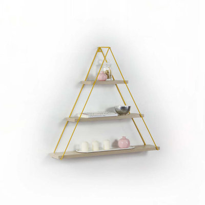 Floating Wall Decor Wall Mounted Rustic Decorative Hanging Metal Bracket Triangle Shelf for Books, Oak/Yellow