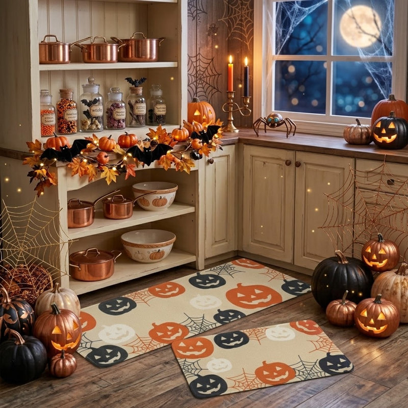 Tapis de cuisine d'Halloween, citrouille Jack-O'-Lantern et toile d'araignée, ensemble de 2 tapis d'intérieur en faux lin avec motifs (lot de 2)