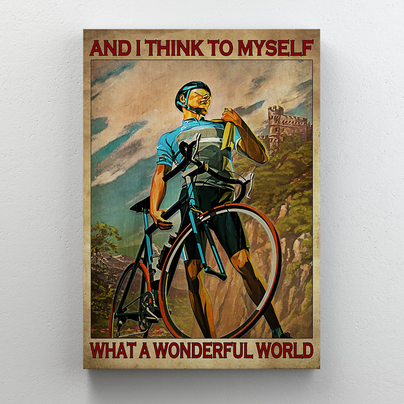 Man With Bicycle Near Mountain - And I Think To Myself What A Wonderful World - 1 Piece Rectangle Graphic Art Print On Wrapped Canvas