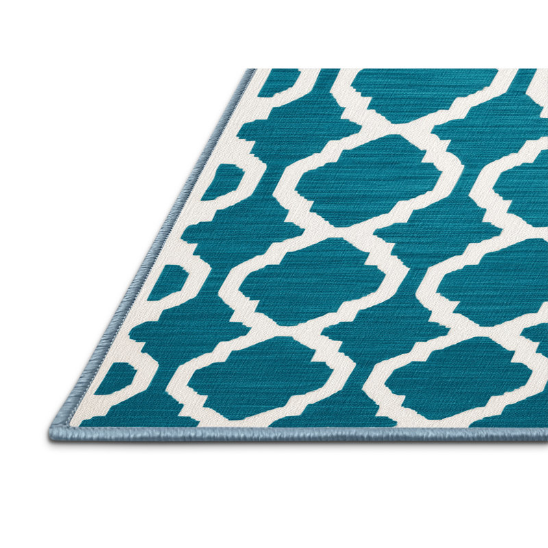 Machine Washable Trellis Blue Area Rug, Rectangle 2' x 3'