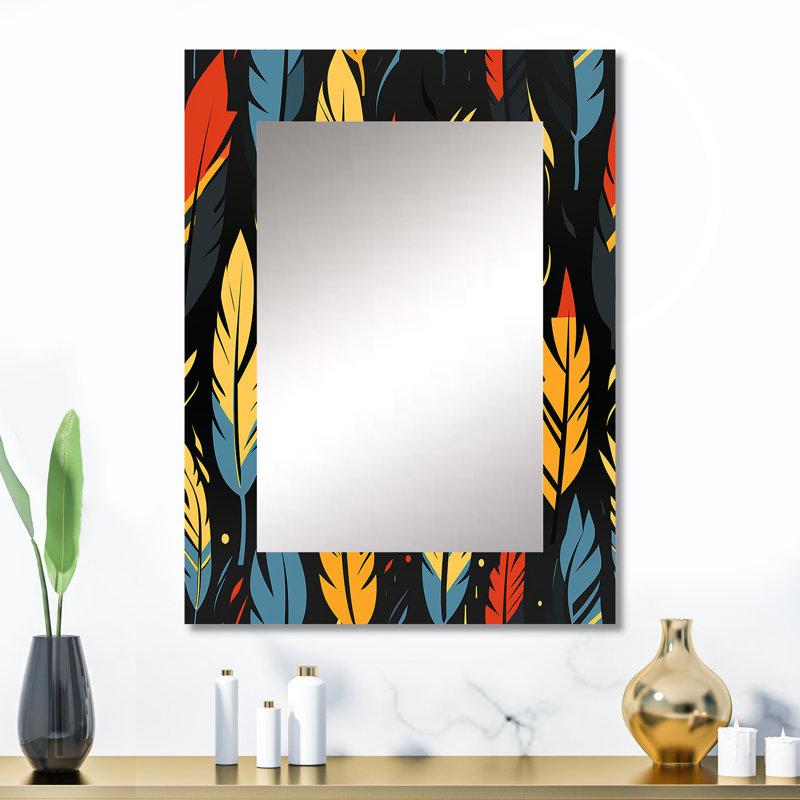 Baheejah Feather Tribal Fusion - miroir mural décoratif abstrait, miroir abstrait, impression d'art en métal, 32 po x 24 po