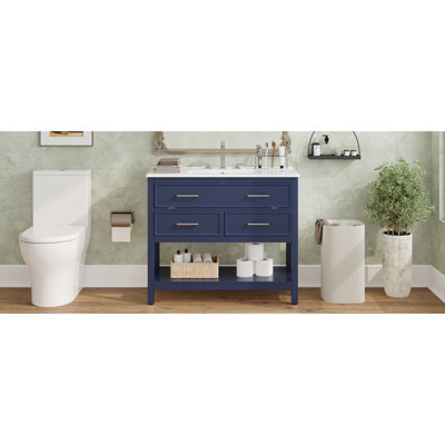 Meuble-lavabo de 36 po en bleu avec trous de robinet de 8 po, évier en céramique, plateau basculant et tablette de rangement ouverte de 36 po avec plateau brillant à fermeture en douceur
