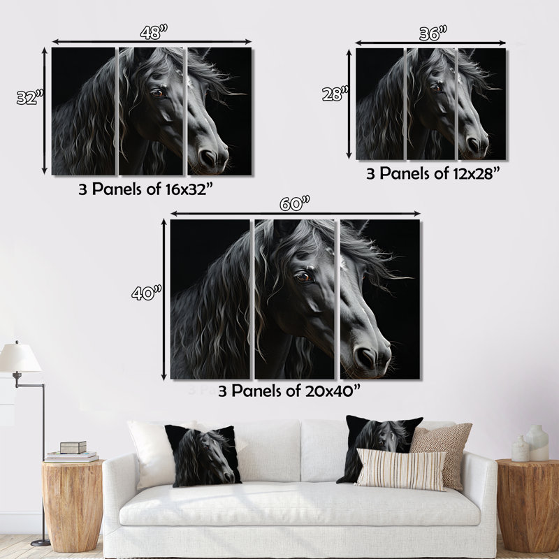 Portrait de cheval noir et blanc sur toile, 3 pièces, H 28 po x l 36 po x P 1 po