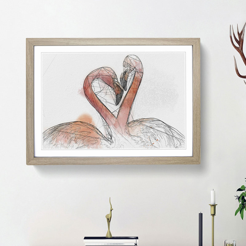 Two Loving Flamingos in Abstract - Picture Frame Graphic Art Print on MDF, 62cm H x 87cm W x 2cm D, Oak Framed
