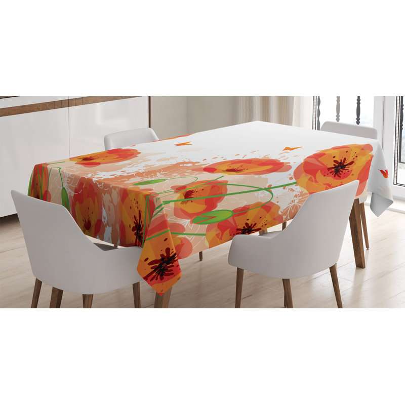 Poppy Tablecloth, Digital Watercolors Design Of Poppy Classic Botany Bouquet Patterns Print, Rectangular Table Cover For Dining Room Kitchen Decor, 52" X 70", Red White