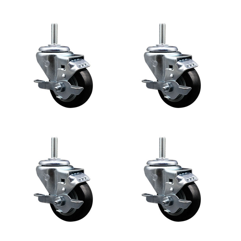 Ensemble de roulettes à tige filetée pivotante de 5/8 po 3 po avec frein, Noir