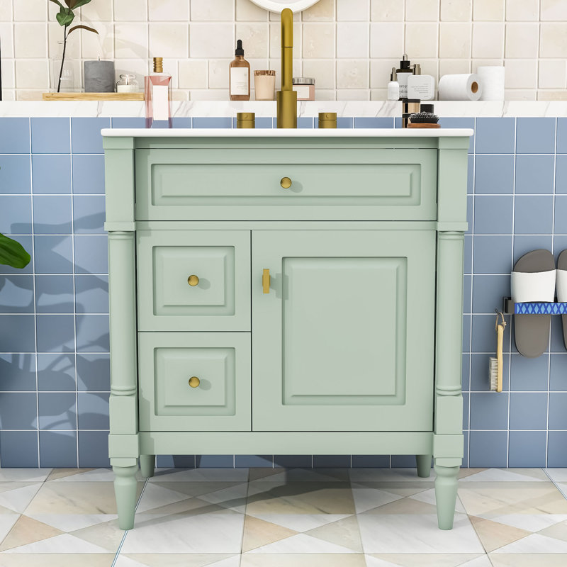 Meuble-lavabo autoportant avec rangement réglable, Vert