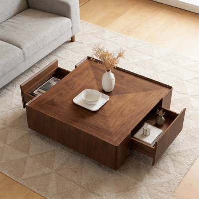 35.4" Square Walnut Wood Coffee Table With Drawers, Modern Minimalist Center Table With Geometric Veneer Top, Solid Wood Storage Table For Living Room, Bedroom & Office