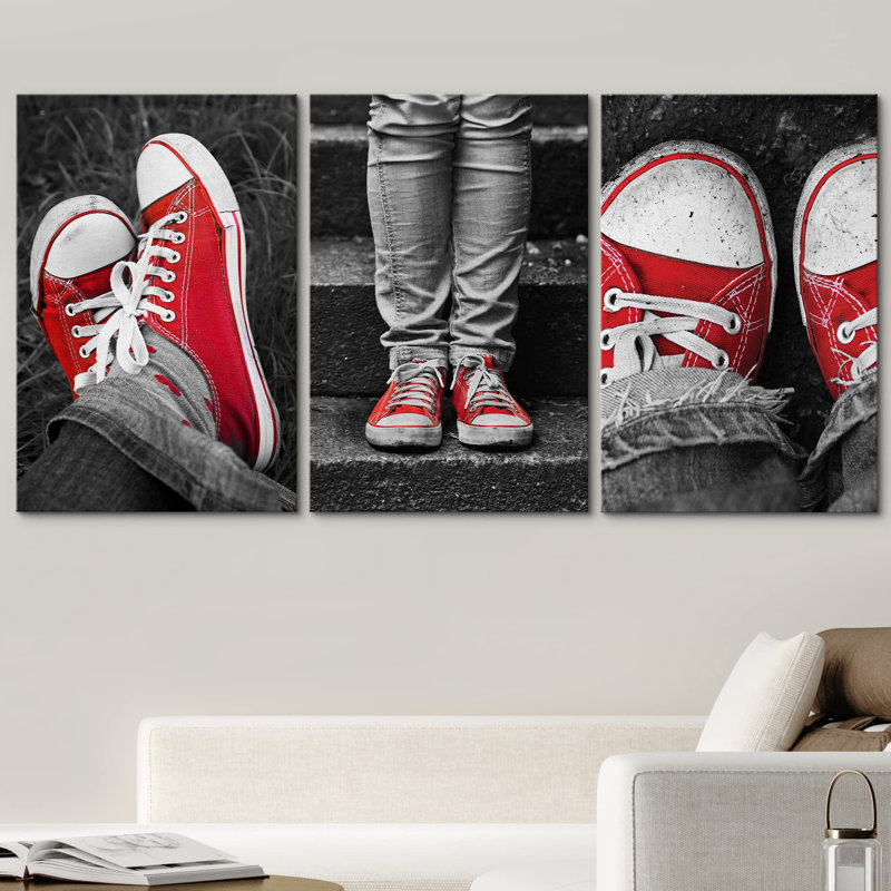 Red Canvas Shoes Gray Modern Contemprory Wall Decor, Wrapped Canvas, 24" H x 48" W