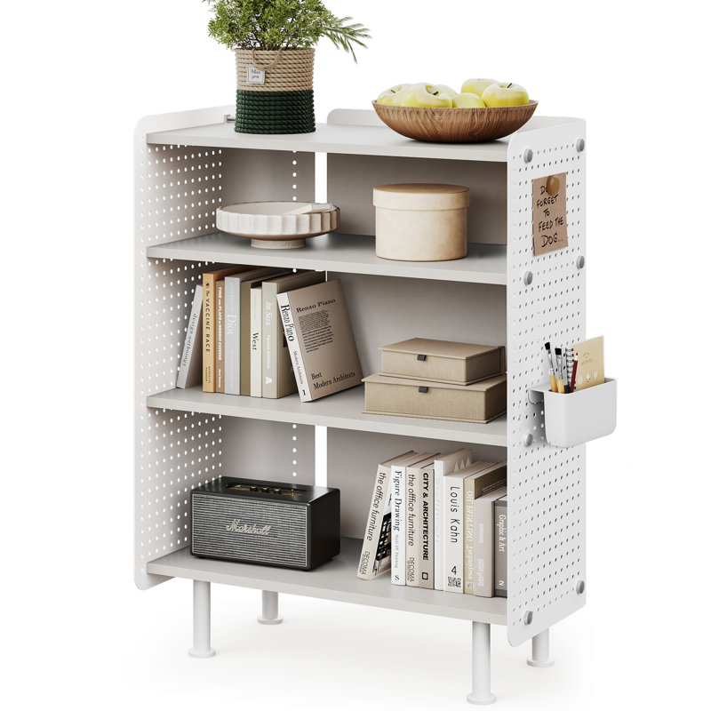 4 Tier Bookshelf, Modern Open Bookcase with Pegboard, (4 Shelves) 33.6"H x 24.3"W x 12.3"D, White