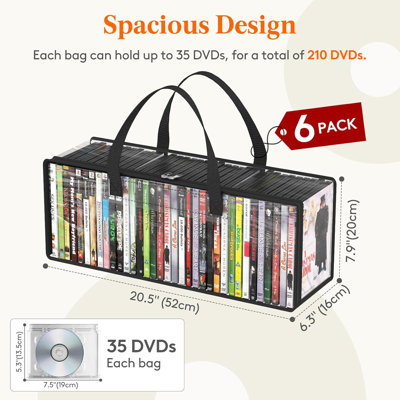 Pochettes de rangement pour DVD, étuis transparents en PVC avec poignées, fermeture éclair sur le devant, organisateur de supports empilables pour disques Blu-ray, boîtiers de films, boîtes VHS, capacité de 210 disques (35 par pochette), lot de 6